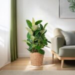 Großer Ficus Elastica Robusta Gummibaum in Seegraskorb Torun, 90 cm hoch, mit glänzenden dunkelgrünen Blättern, stehend in einem Wohnzimmer.