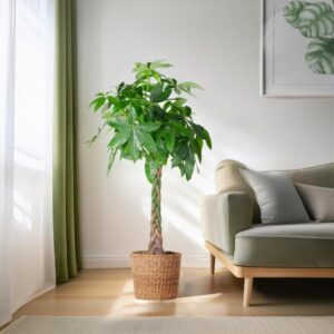 Schefflera Arab Nora Zimmerpflanze mit glänzenden grünen Blättern im modernen Viber-grauen Topf, 70 cm groß
